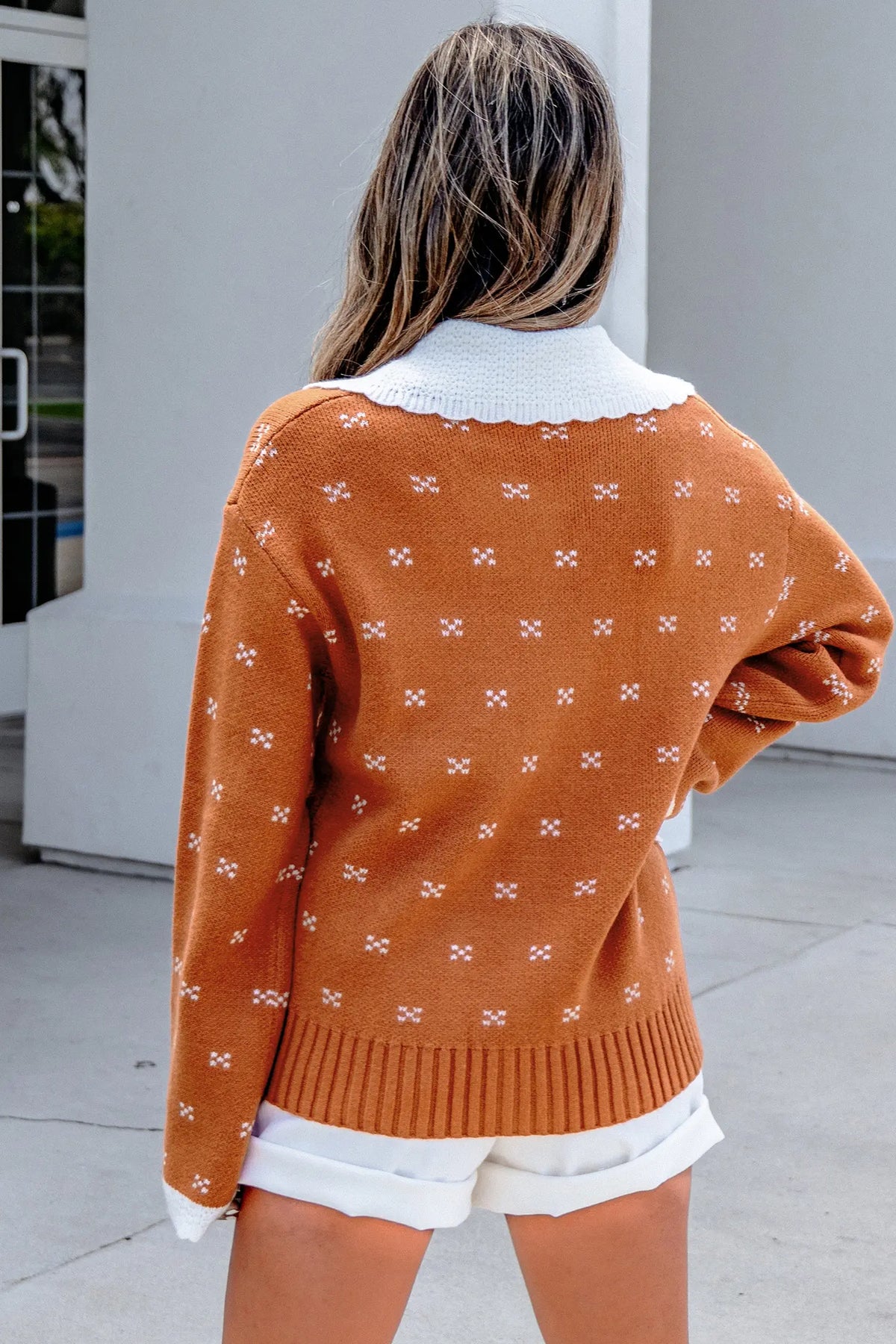 Peter Pan Collar Colourblock Long Sleeve Knitwear Cardigan – Russet Orange