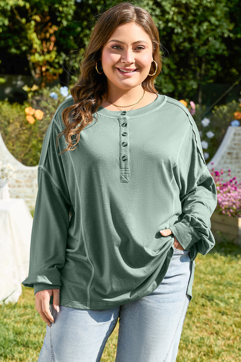 Seagrass Plus Size Exposed Seam Drop Shoulder Henley Top BB Fashion Outlet