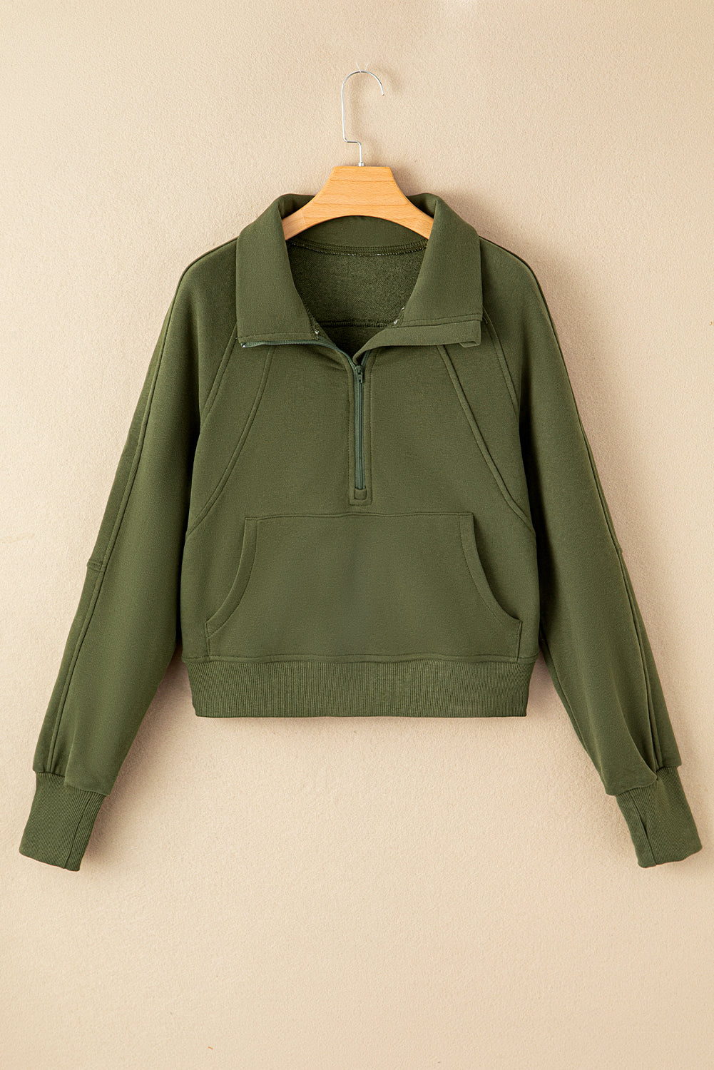 Brown Fleece Lined Zip Up Stand Collar Thumbhole Sleeve Sweatshirt eAura