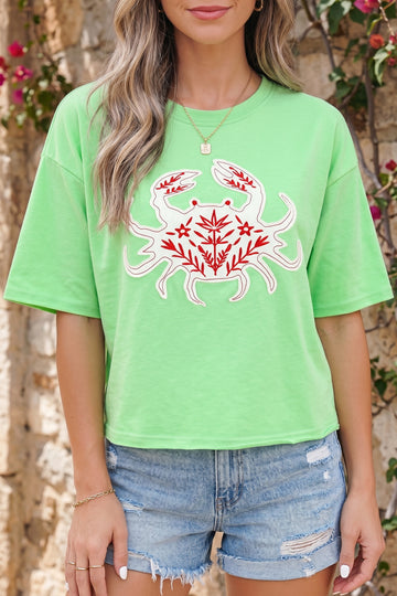Crab Embroidered Patch Loose Round Neck Tee – Bright Green