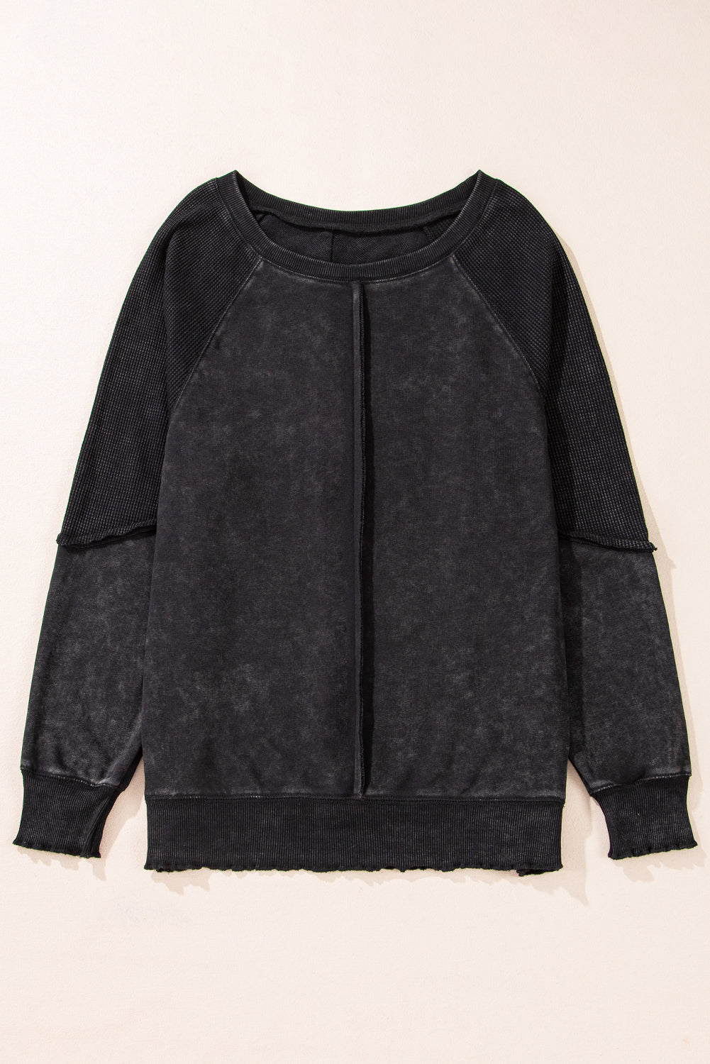 Black Solid Waffle Knit Patchwork Raglan Sleeve Sweatshirt Dear-Lover Dropshipping
