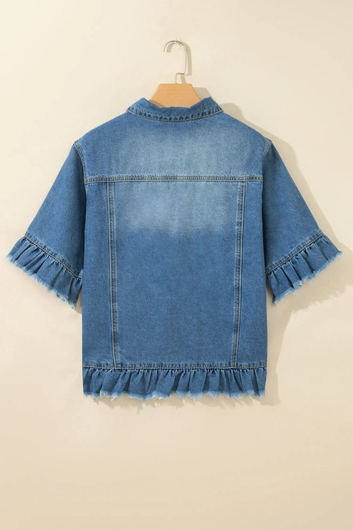 Ruffle Hem Raw Edge Half Sleeve Western Denim Jacket – Blue