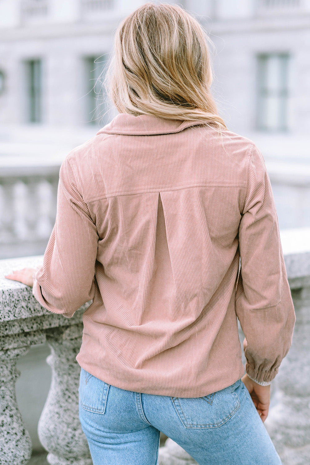 Apricot Ribbed Texture Half Zip Collared Sweatshirt eAura