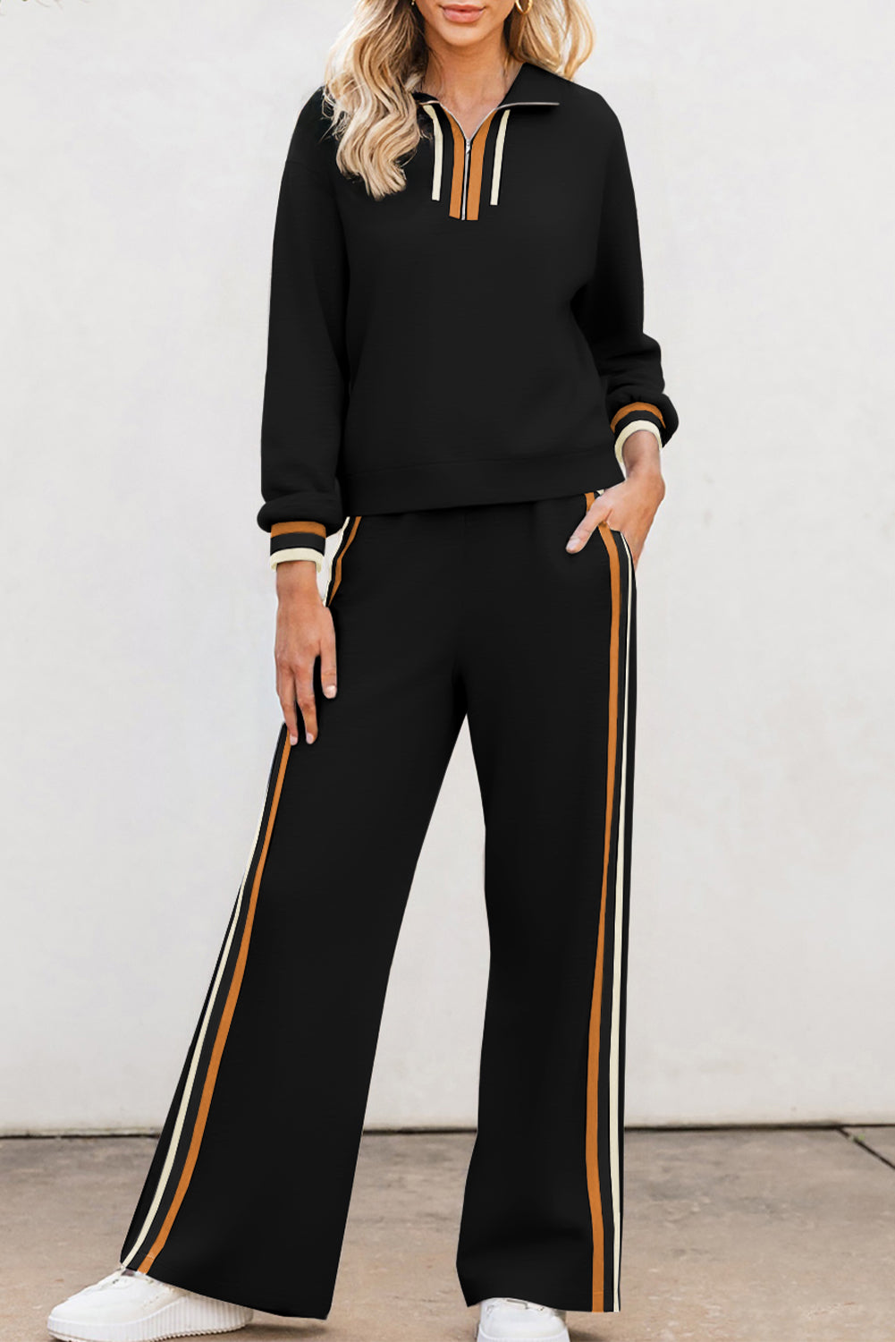 Black Striped Patchwork Quarter Zip Pullover Loose Pant Set - eAura
