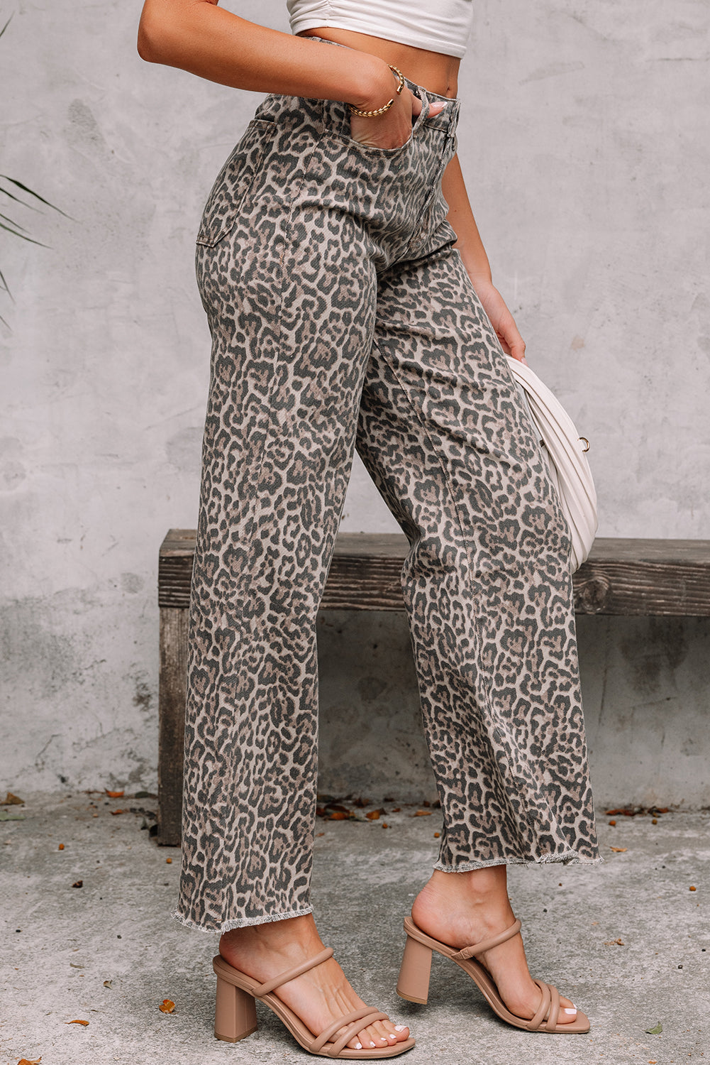Leopard Frayed Edge Wide Leg High Waist Jeans - eAura