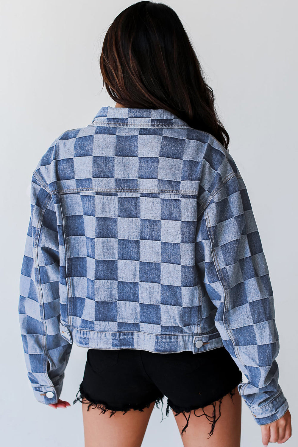 Light Blue Checkered Patchwork Button up Denim Jacket Beagle Boutique Fashion Outlet