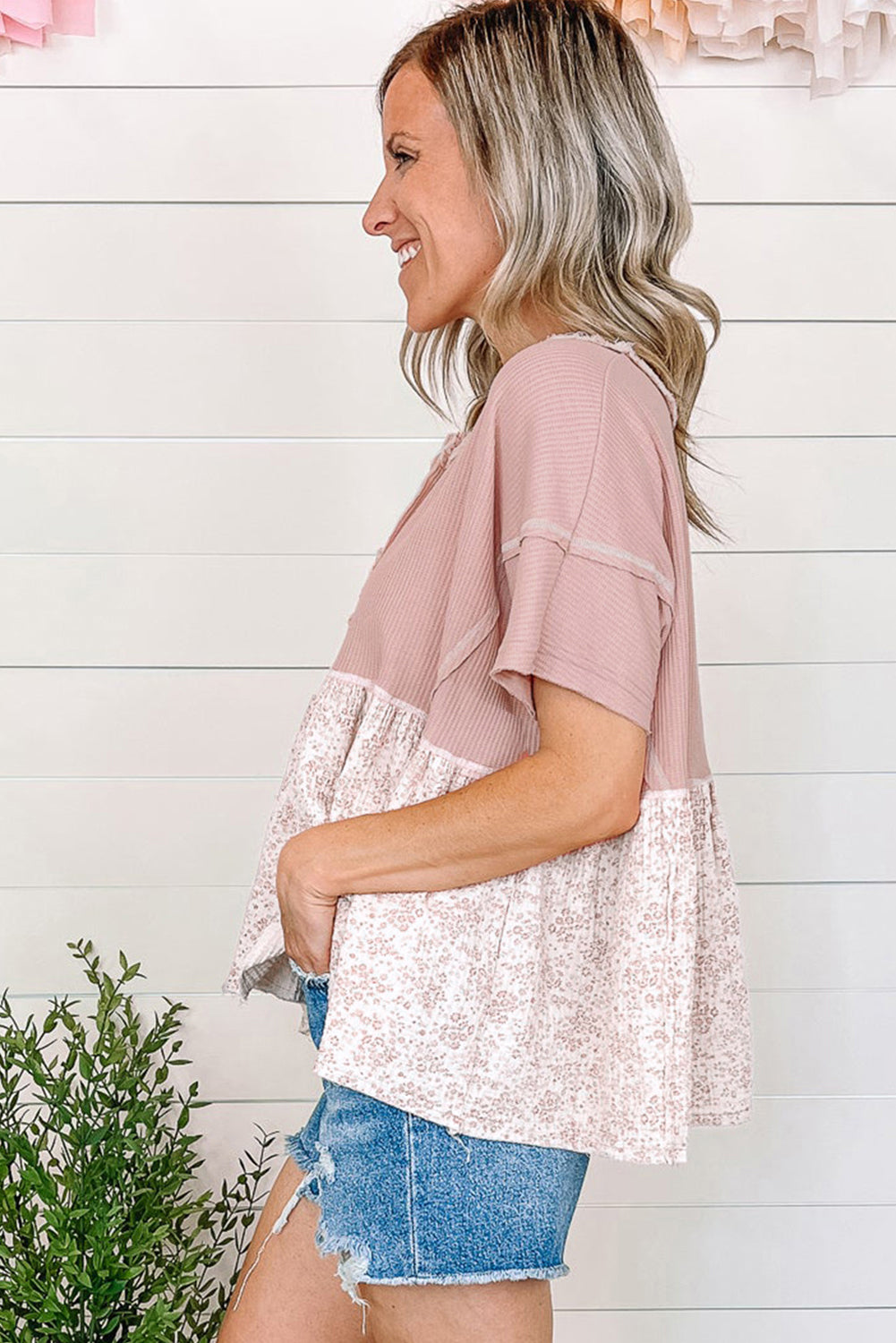 Pink Waffle Floral Patchwork Exposed Seam Detail Short Sleeve Top eAura