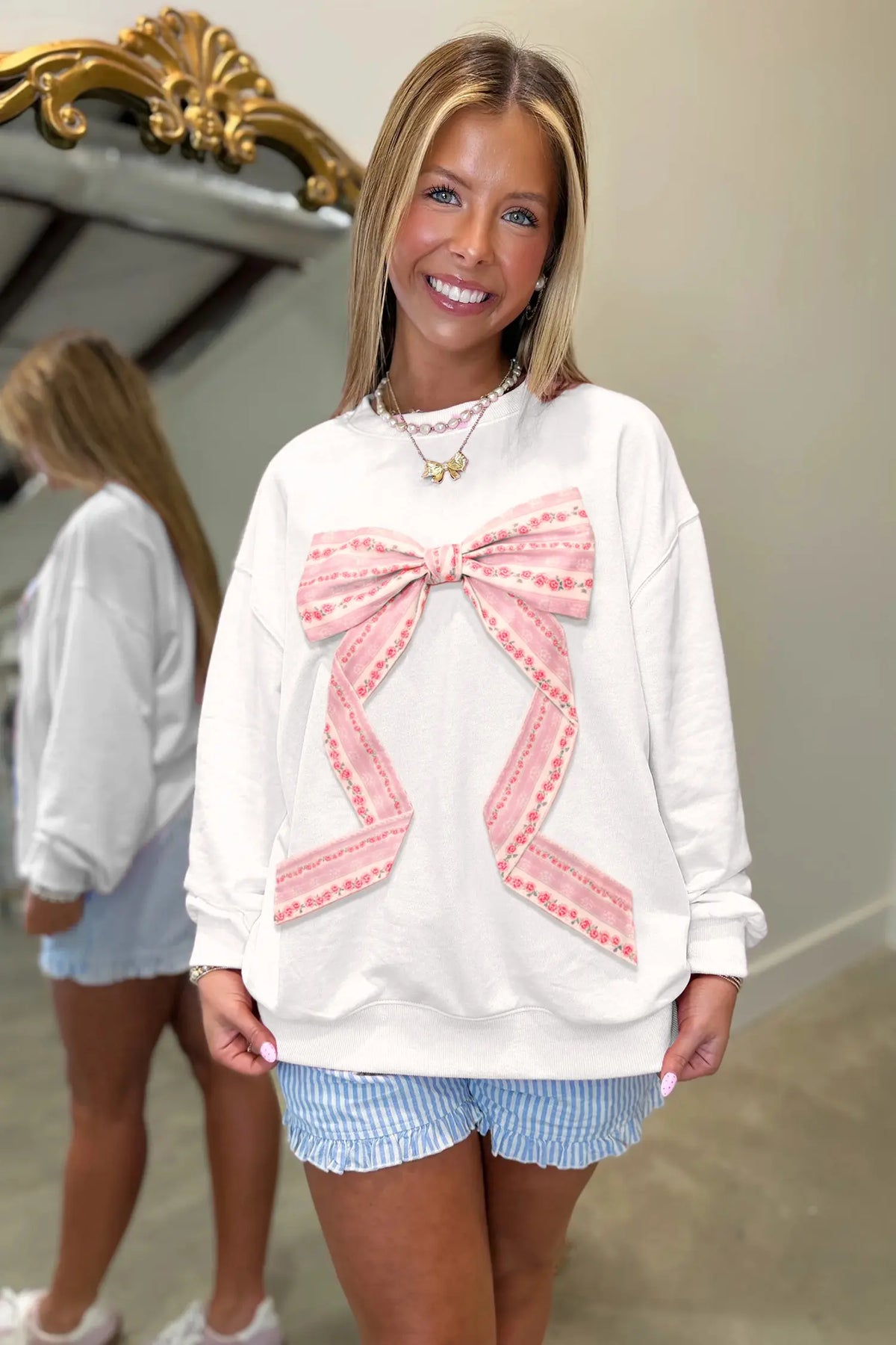 Pink Floral Bow Decoration Drop Shoulder Long Sleeve Top