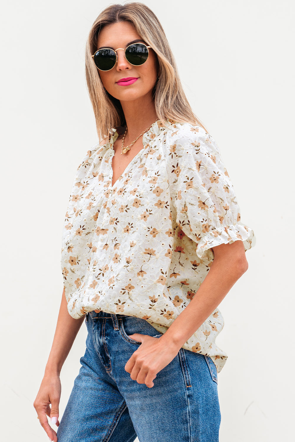 White Floral Eyelet Embroidered Puff Sleeve Notch V Neck Blouse eAura