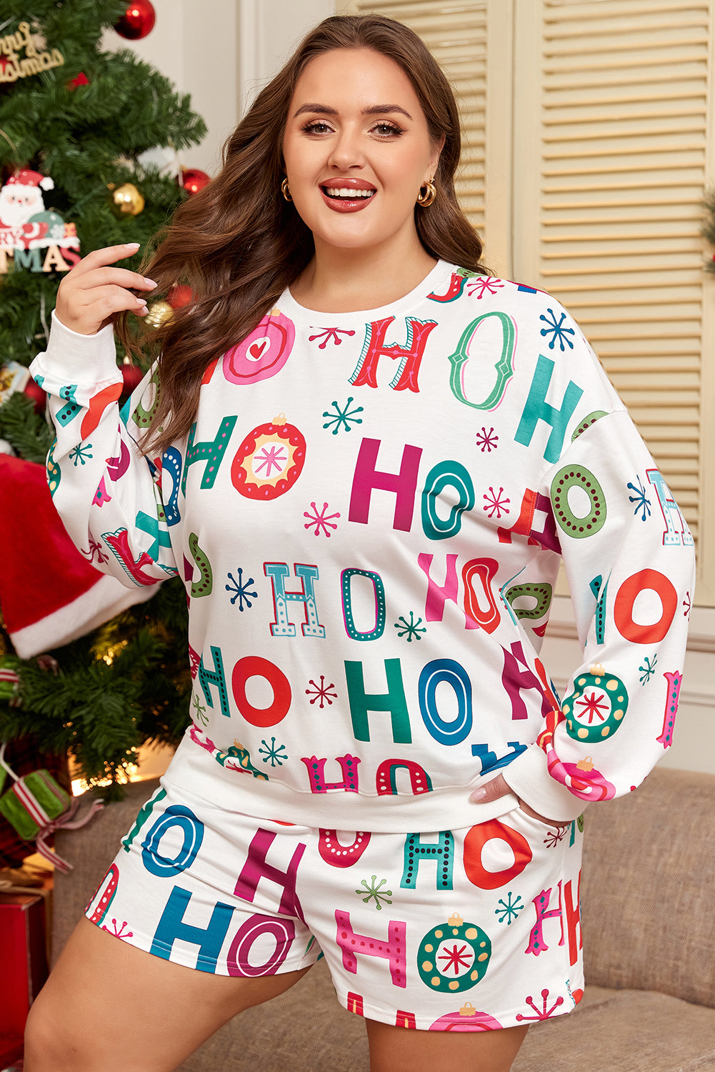 White Plus Size Christmas Ho Ho Ho Print Long Sleeve Top and Shorts 2pc Lounge Set - eAura