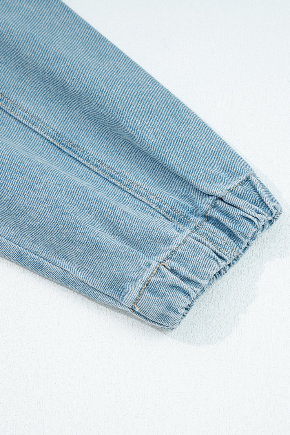 Blue Elastic Edge Collared Zip Up Denim Jacket With Pocket eAura