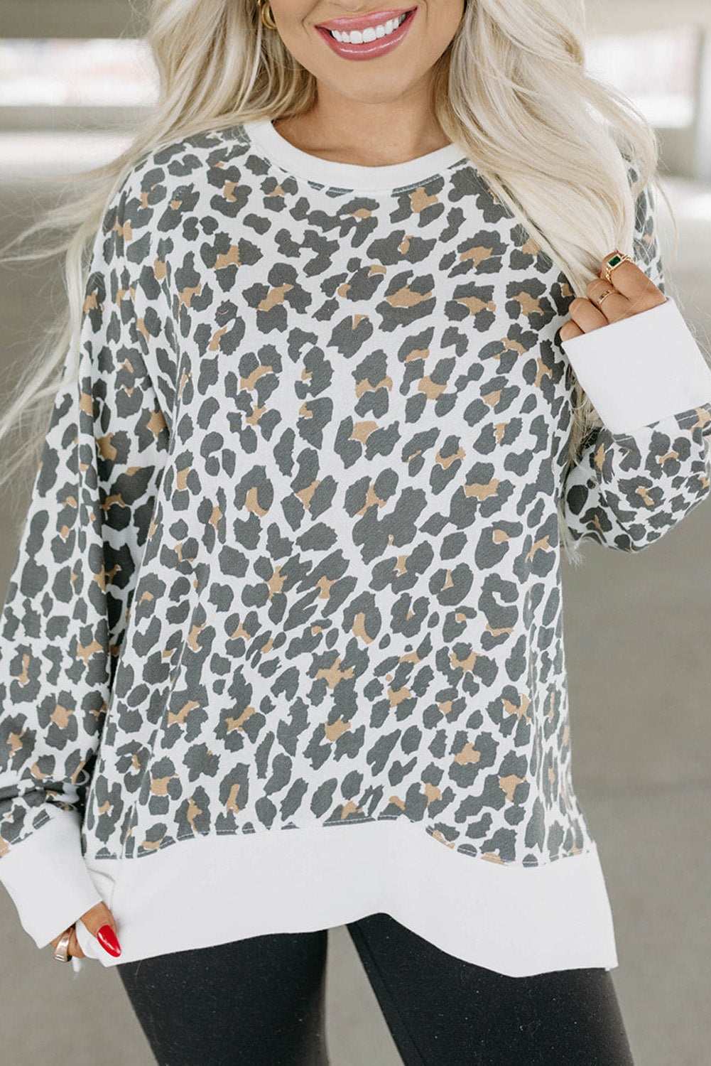 White Printed Solid Trim Leopard Print Top eAura