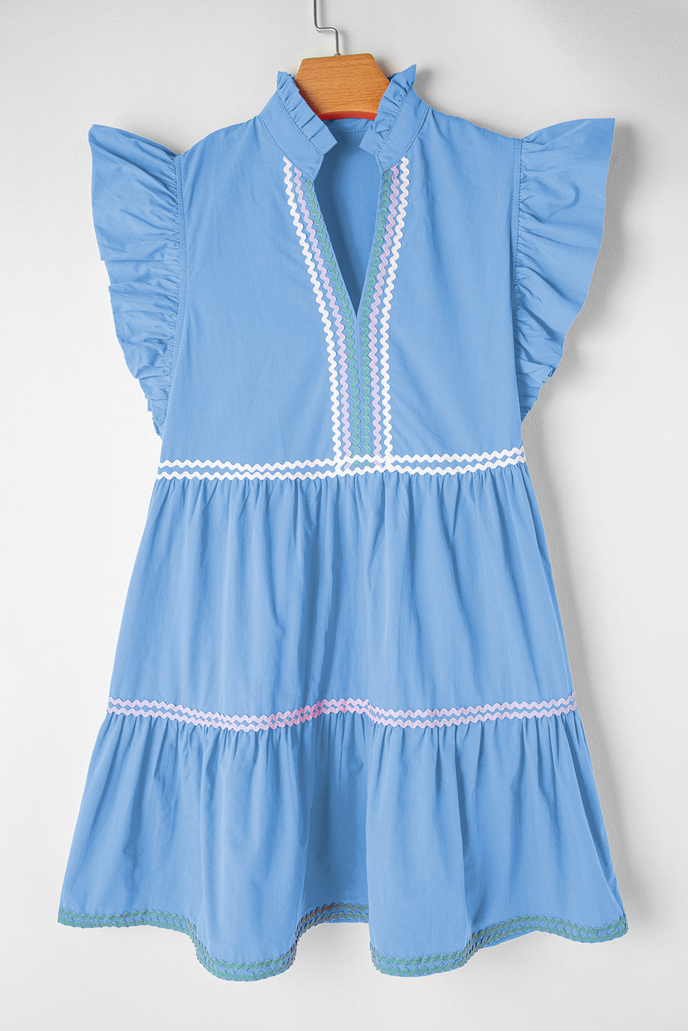 Strawberry Pink Ric Rac Colourblock Flutter Sleeve V Neck Tiered Dress eAura