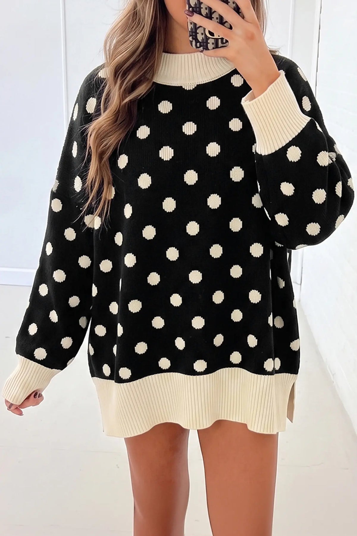 Split tunic sweater with polka dot pattern