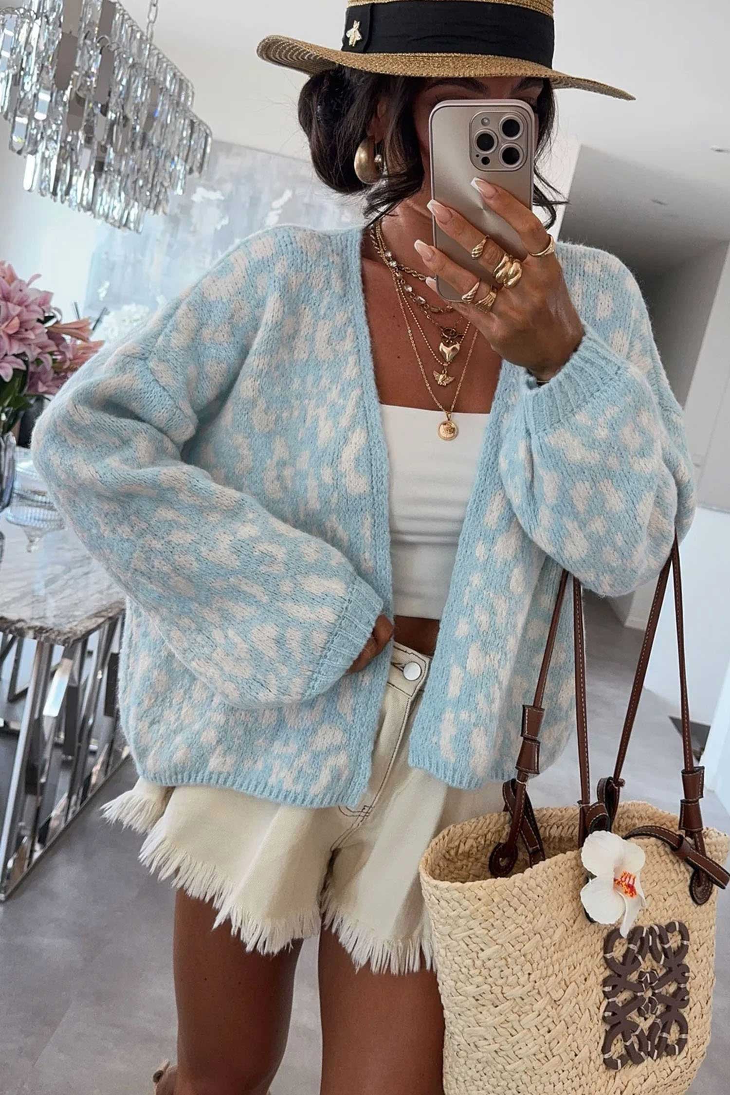 Leopard Print V Neck Long Sleeve Loose Fit Knit Cardigan – Light Blue