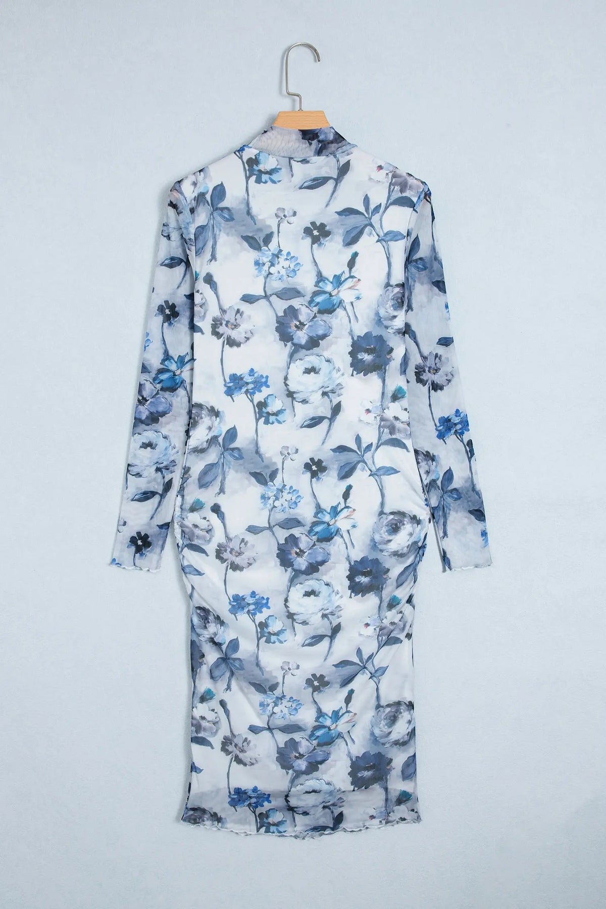 Sky Blue Floral Print Sheath Elegant Long Sleeve Dress – Light Blue