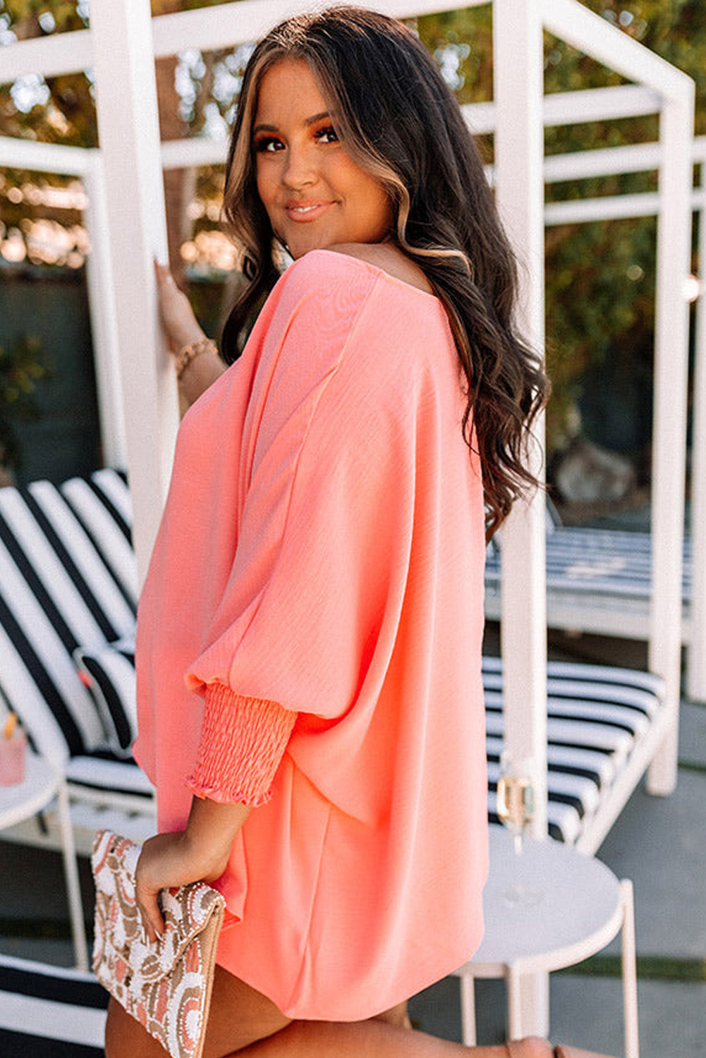 Blossom Shirred Cuffs 3/4 Sleeve Plus Size Textured Blouse BB Fashion Outlet
