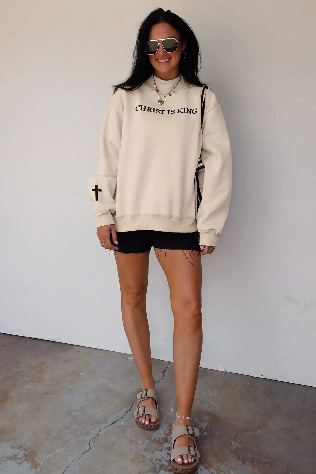 CHRIST IS KING Embroidery High Neck Baggy Sweatshirt – Beige