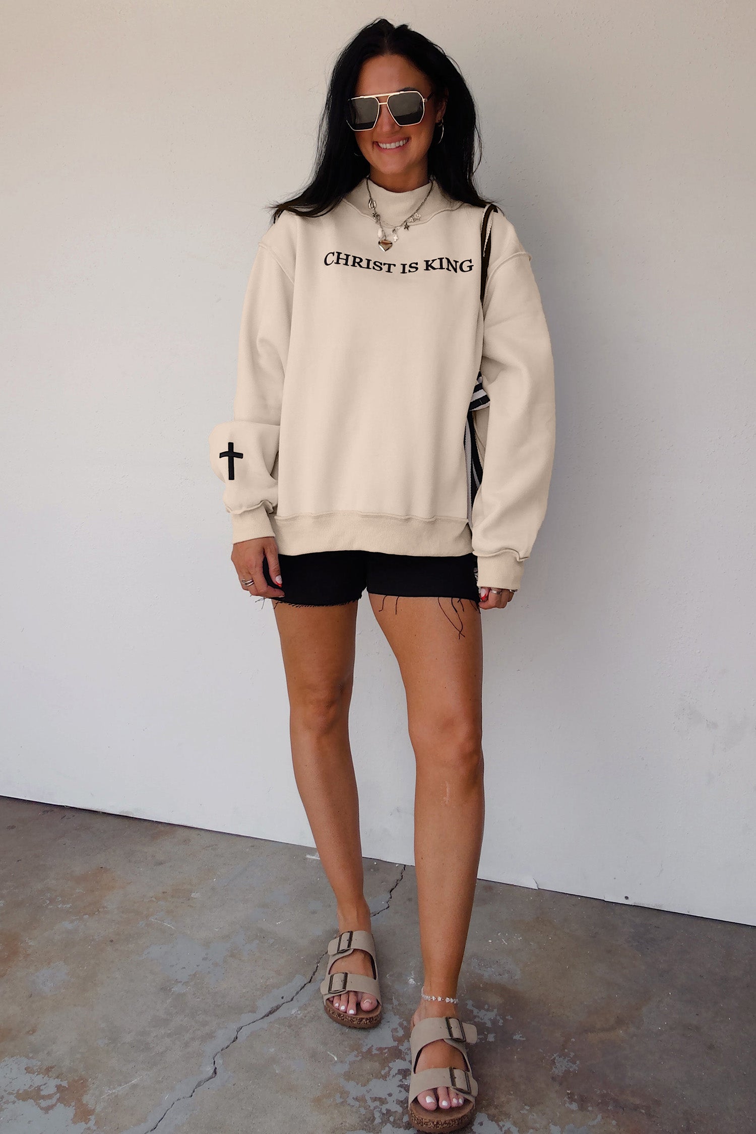 CHRIST IS KING Embroidery High Neck Baggy Sweatshirt – Beige