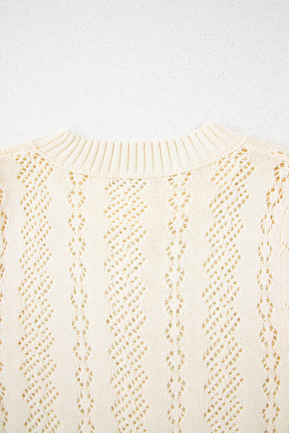 Beige Hollowed Pattern Knit Short Puff Sleeve Sweater eAura