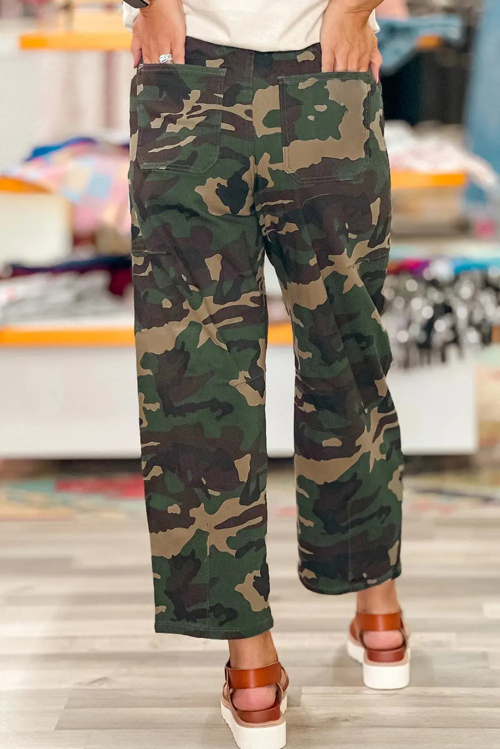 Camo Print Drawstring Barrel Leg Jeans