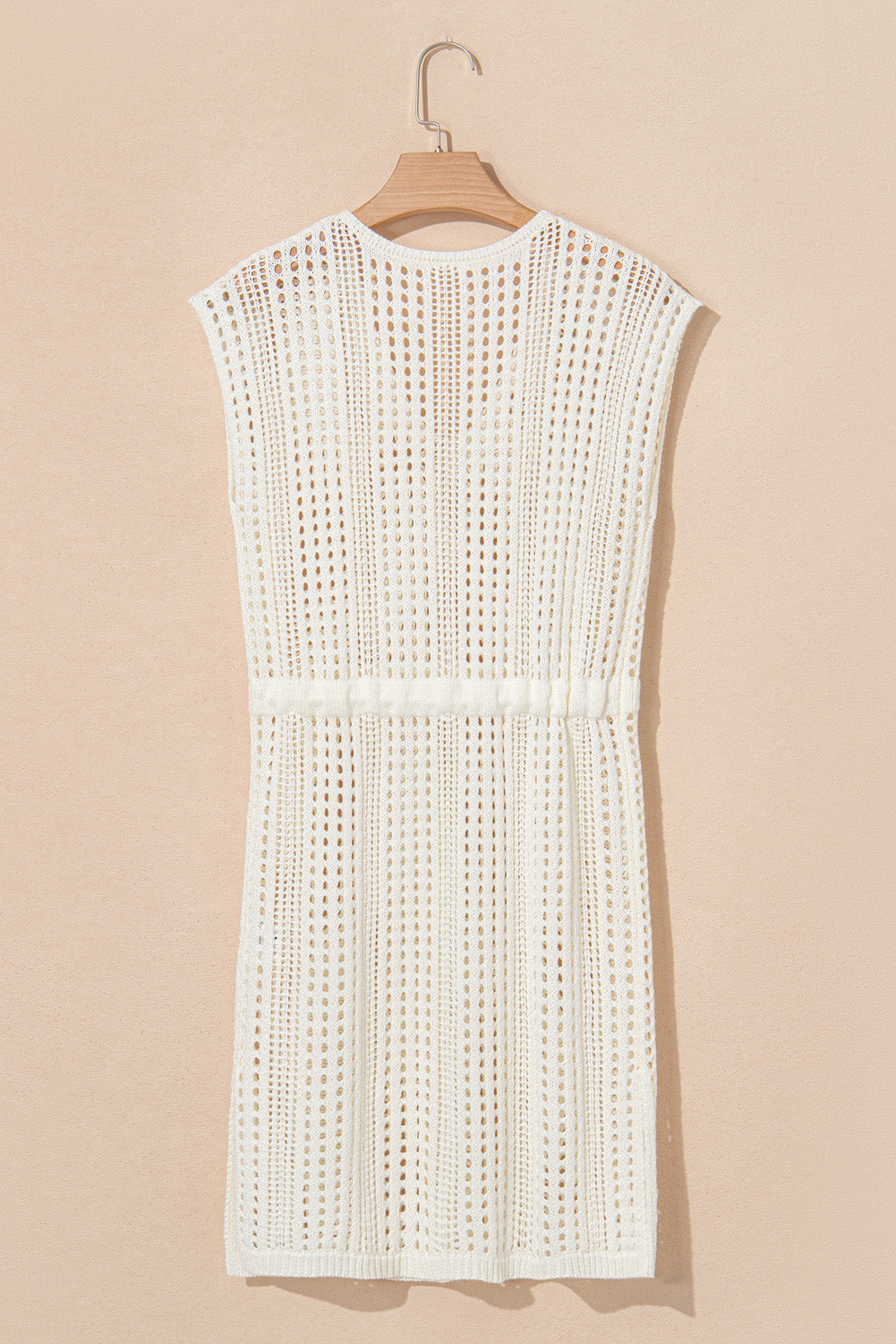 Beige Open Knit Drawstring Waist Beach Dress BB Fashion Outlet