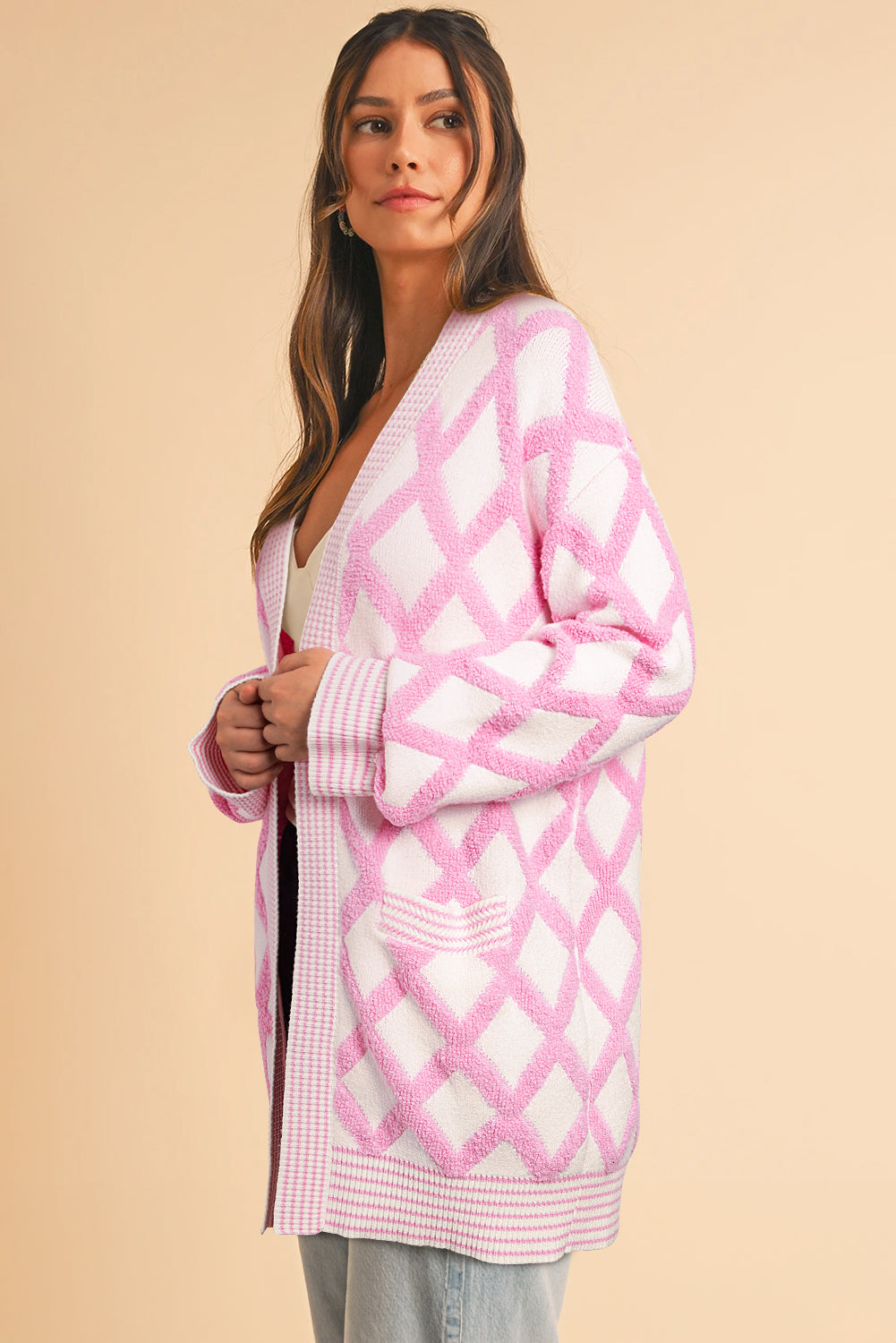 Pink Rhombus Pattern Knit Open Front Pocketed Cardigans BB Fashion Outlet