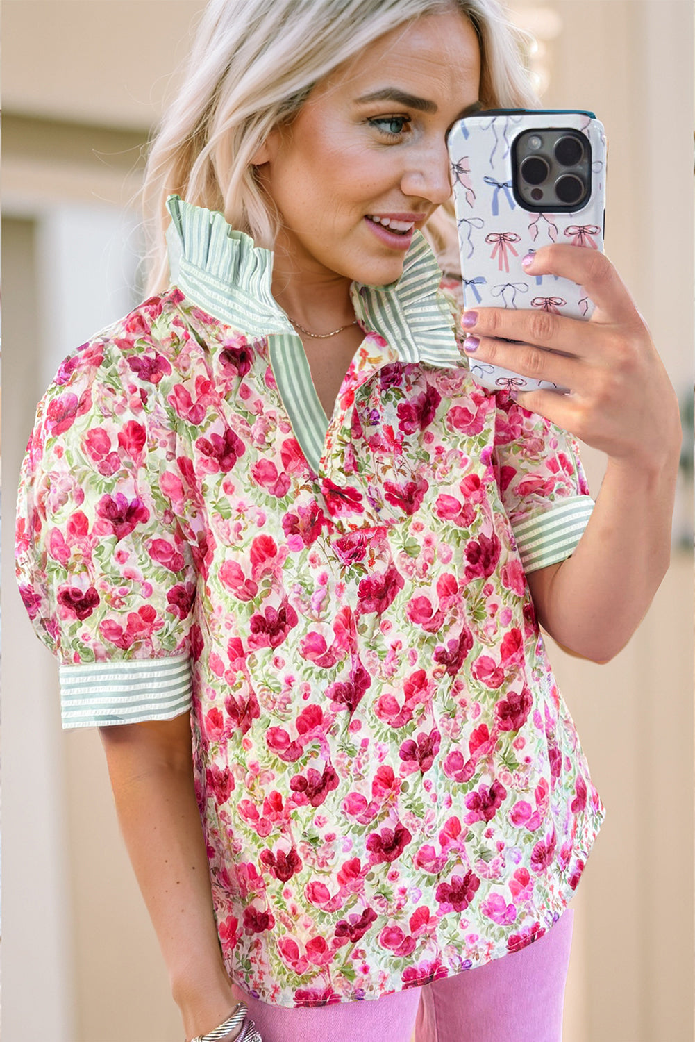 Red Floral Print Striped Patchwork Collared Short Sleeve Blouse eAura