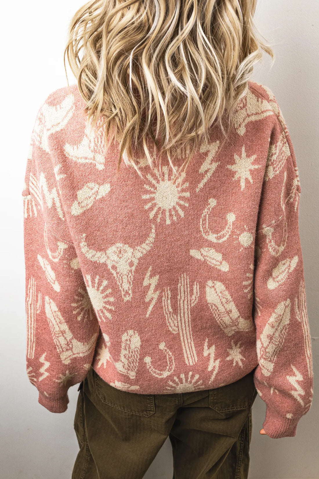 Western Print Drop Shoulder Round Neck Long Sleeve Sweater – Peach Blossom