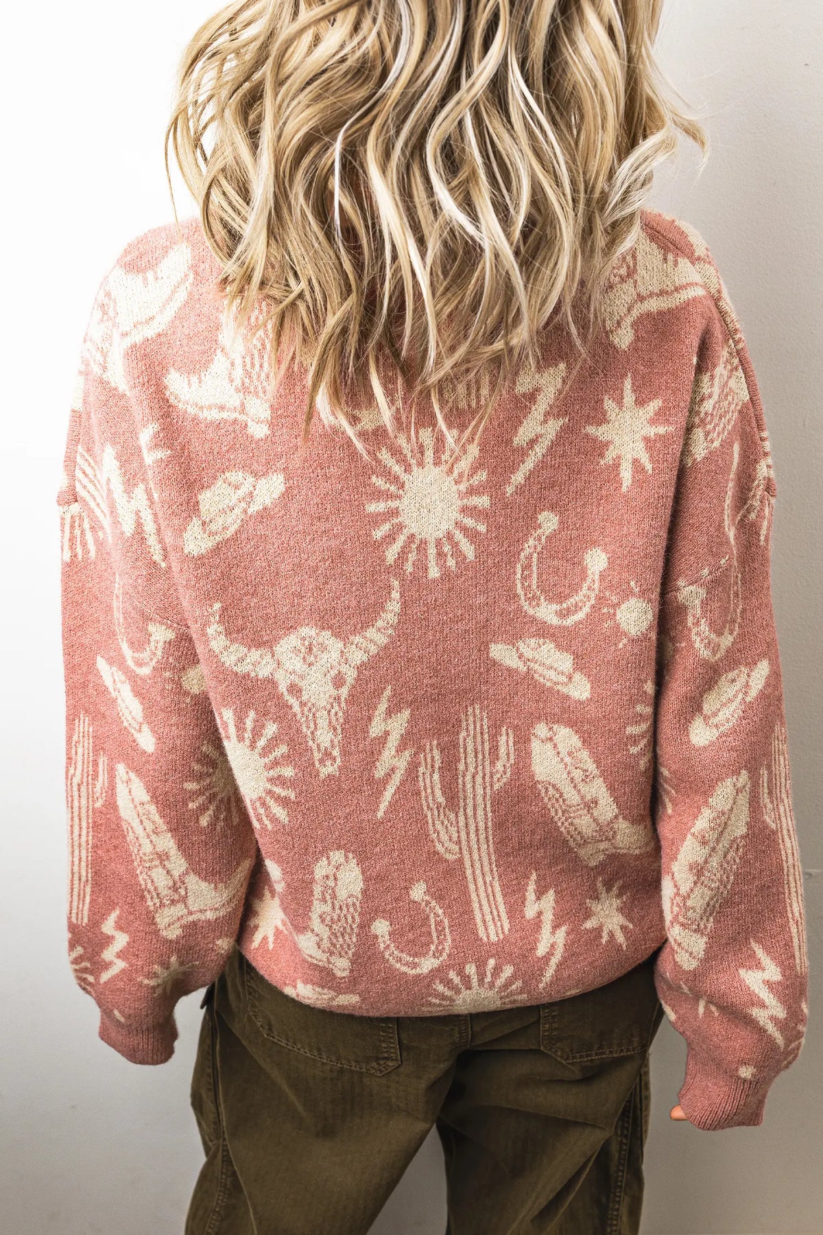 Western Print Drop Shoulder Round Neck Long Sleeve Sweater – Peach Blossom