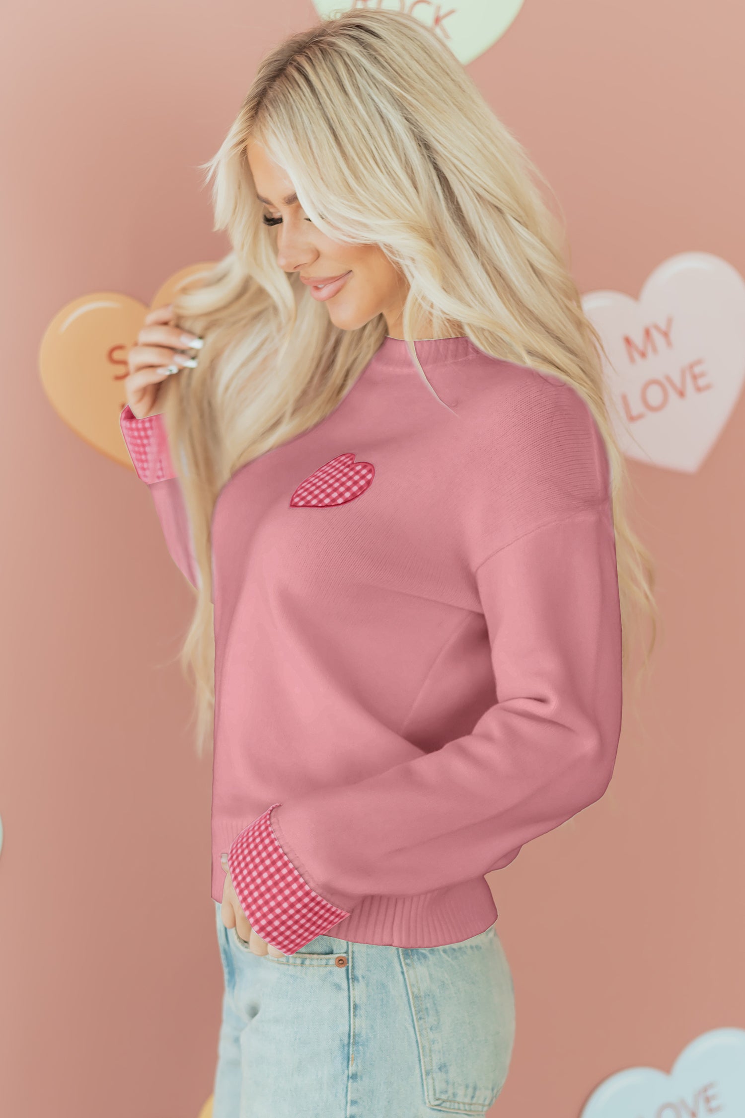 Heart Embroidered Cuffed Drop Shoulder Sweater - Sweaters & Cardigans/Sweaters