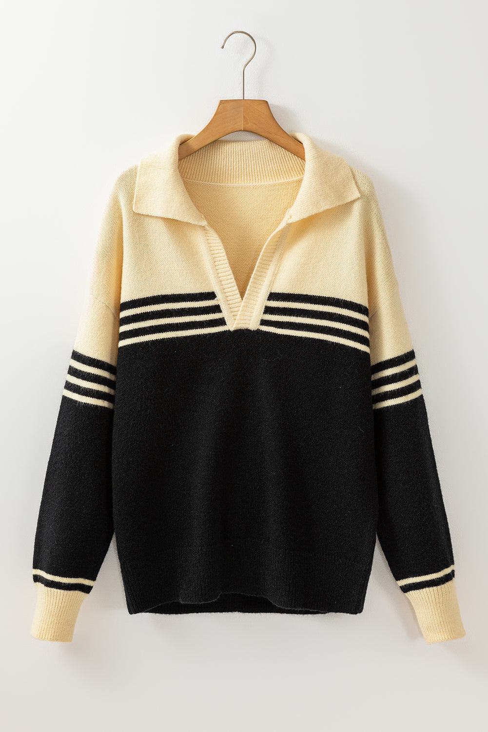 Black Colourblock Stripe Collared V Neck Sweater eAura