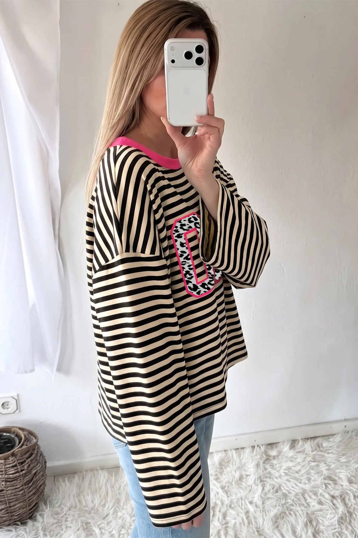 Long Sleeve Shift Top with Stripe and Graphic Lettering