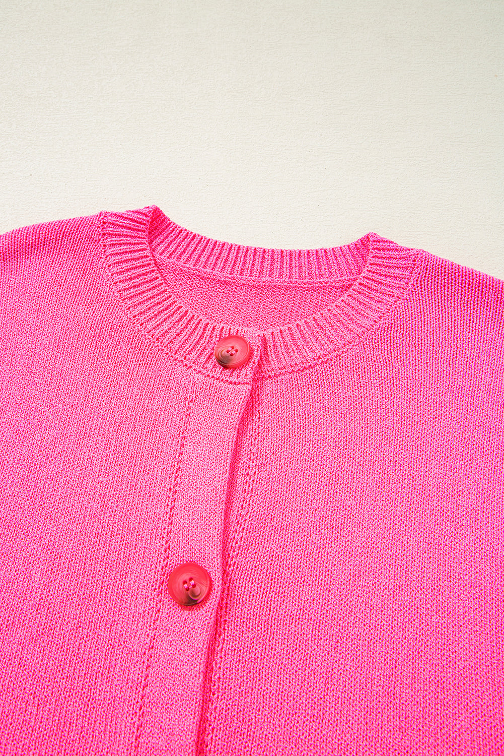 Bright Pink Distressed Hem Short Sleeve Knitted Button Front Sweater eAura