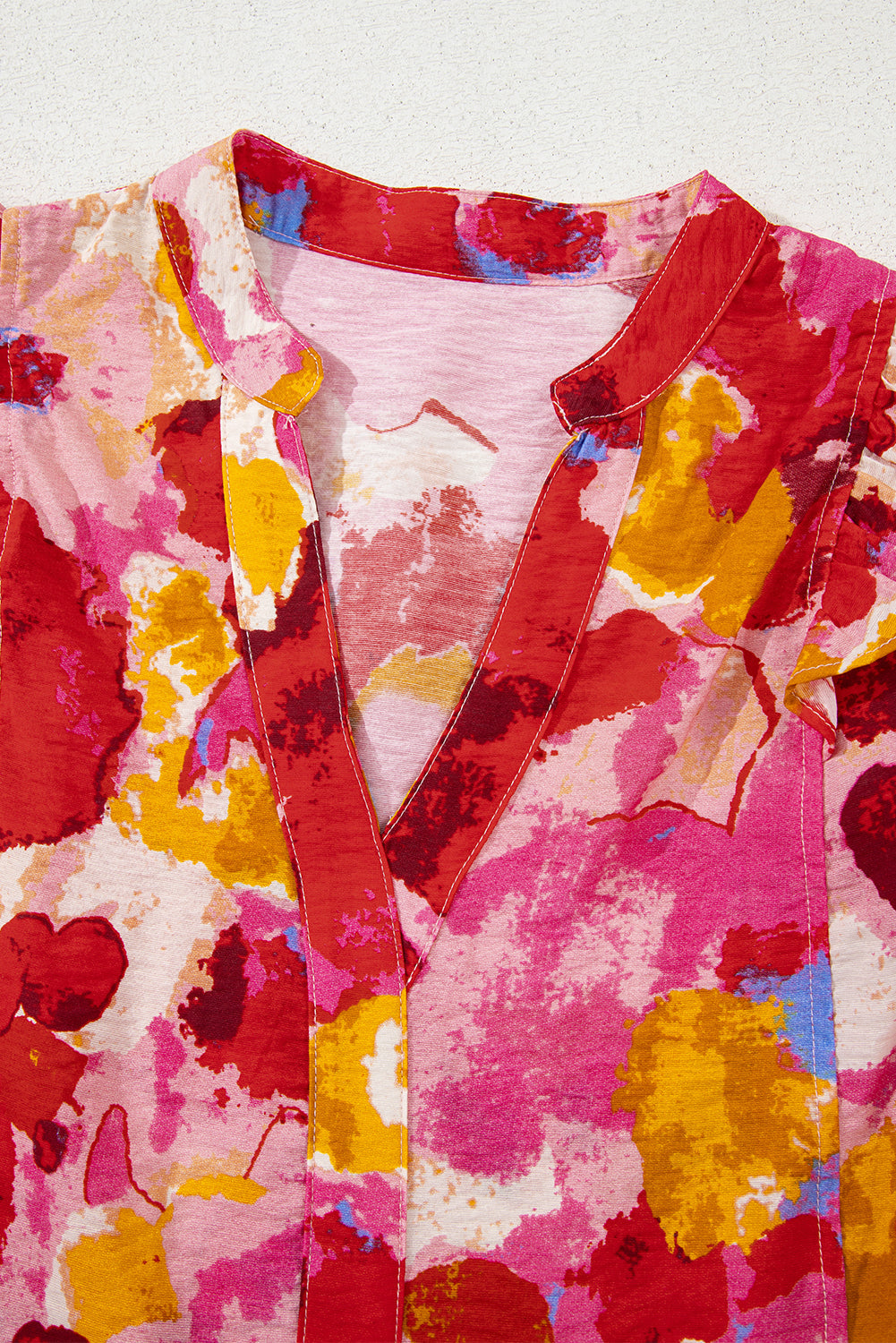 Red Abstract Print Split V Neck Ruffle Short Sleeve Blouse eAura