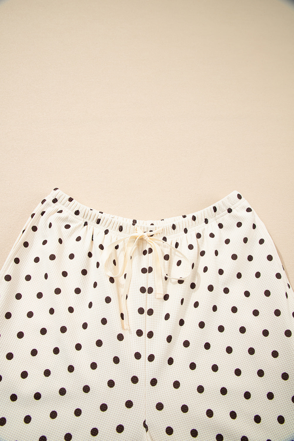 White Polka Dot Print Long Sleeve Top and Drawstring Bottoms Pyjamas eAura