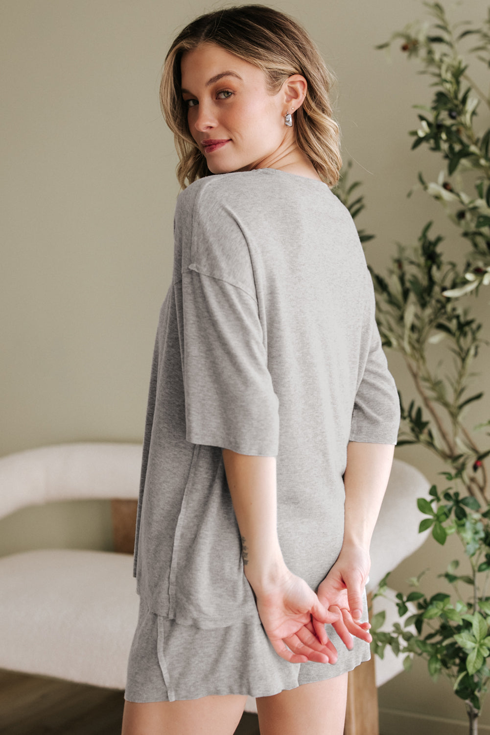 Grey Solid Colour Loose Tee 2 Piece Shorts Set eAura