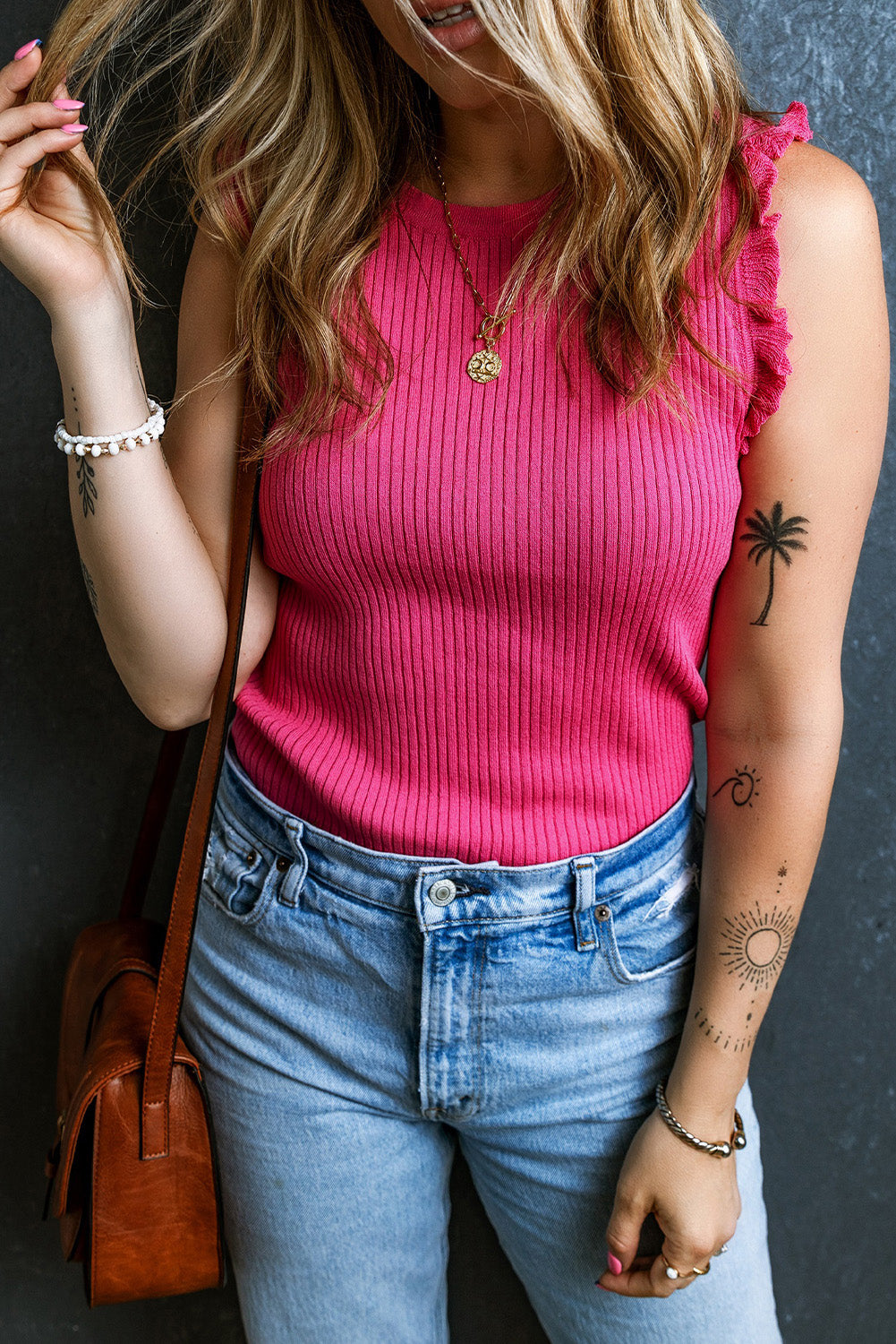 Bright Pink Ribbed Ruffled Sweater Tank eAura