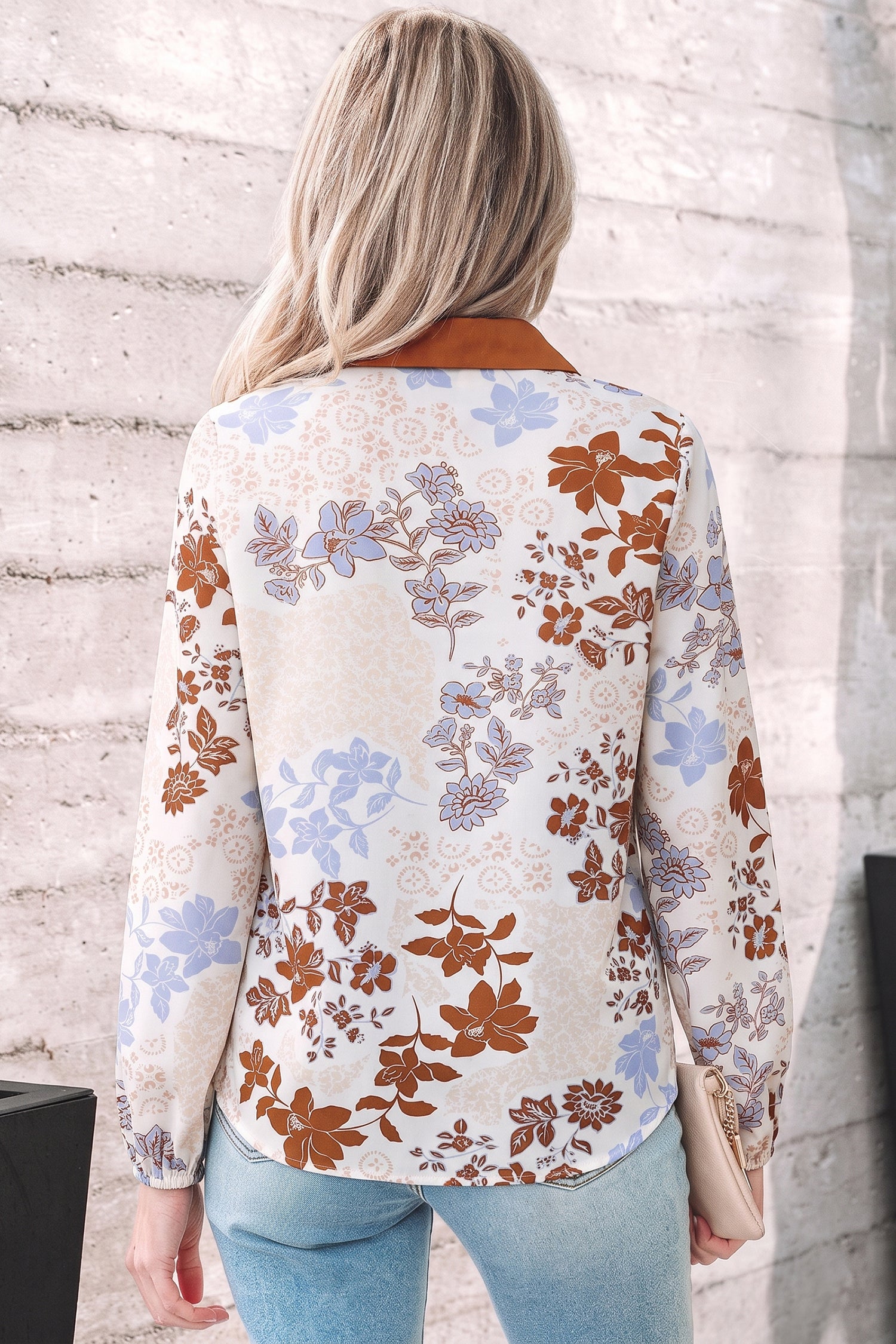 Floral Print Colorblock V Neck Long Sleeve Blouse – White