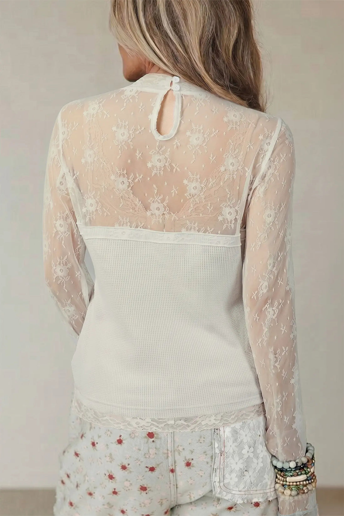 Jet Stream Lace Mesh Long Sleeve Top – Cream