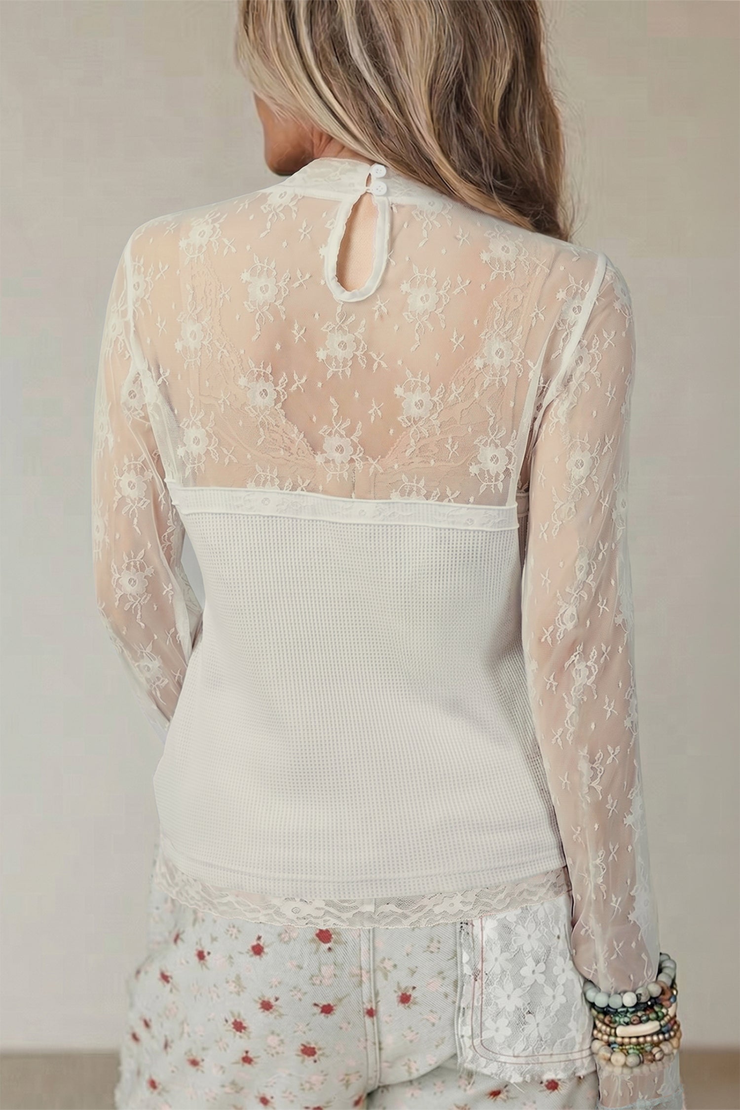 Jet Stream Lace Mesh Long Sleeve Top – Cream