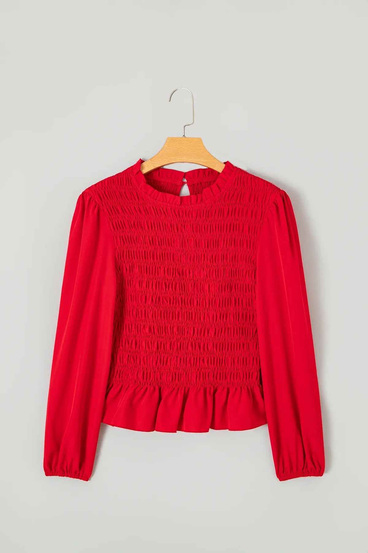 Solid Colour Smocked Ruffle Hem Long Sleeve Blouse – Bright Green