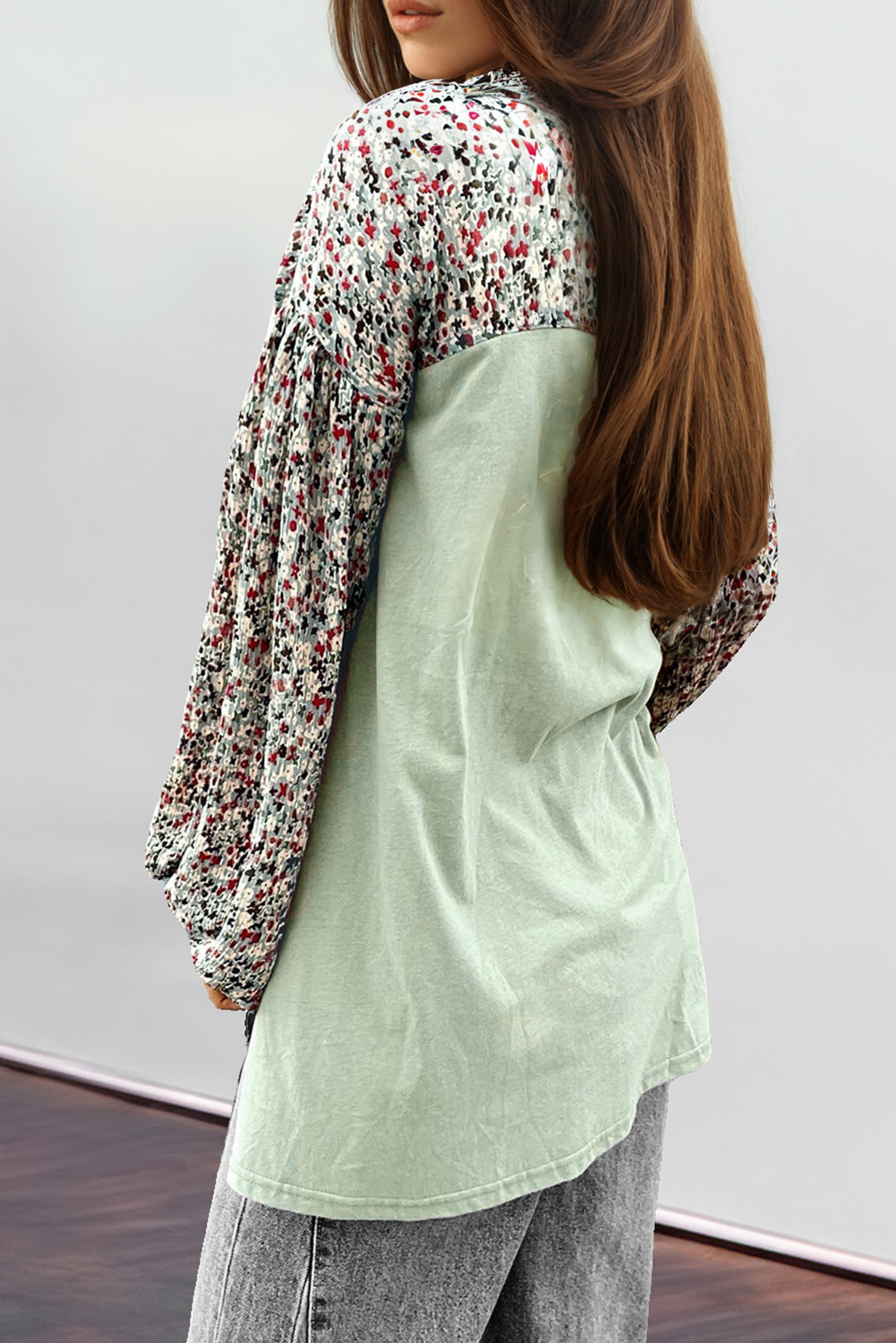 Contrast Printed Bubble Sleeve Henley Loose Top with Slits eAura