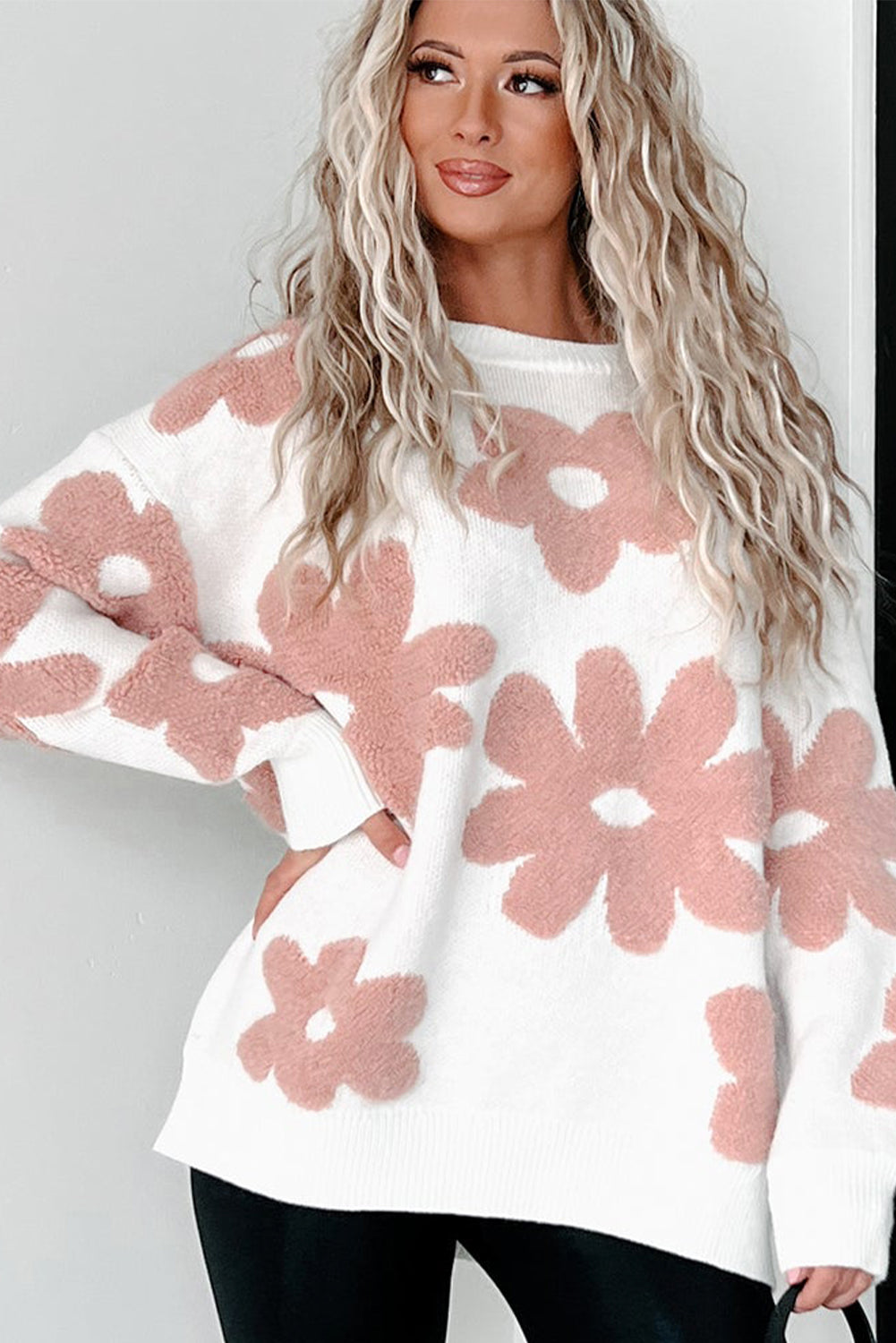 White Textured Flower Drop Shoulder Loose Sweater eAura