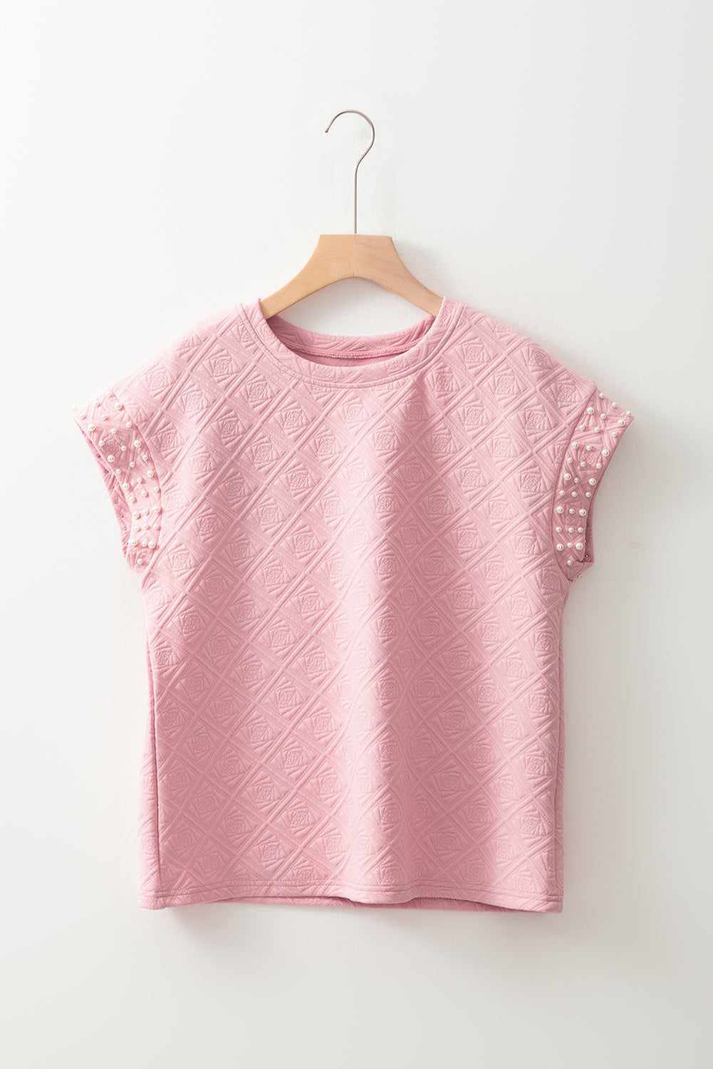 Light Pink Pearl Embellished Flower Textured T Shirt eAura