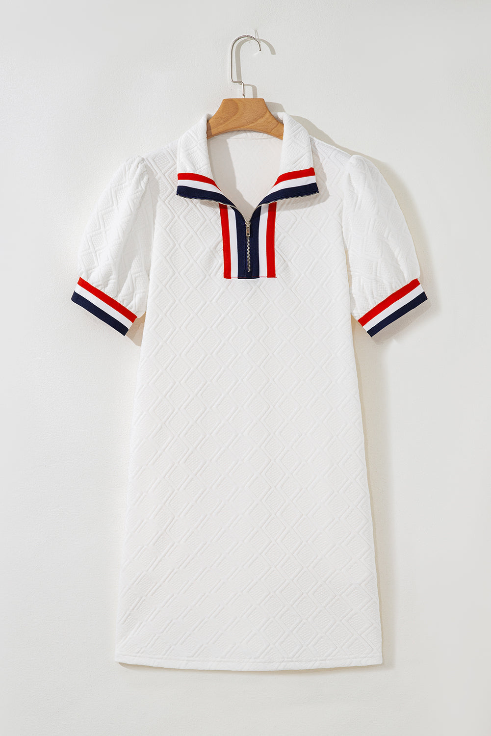 Jacquard Edge Puff Sleeve Quarter Zip Mini Dress eAura
