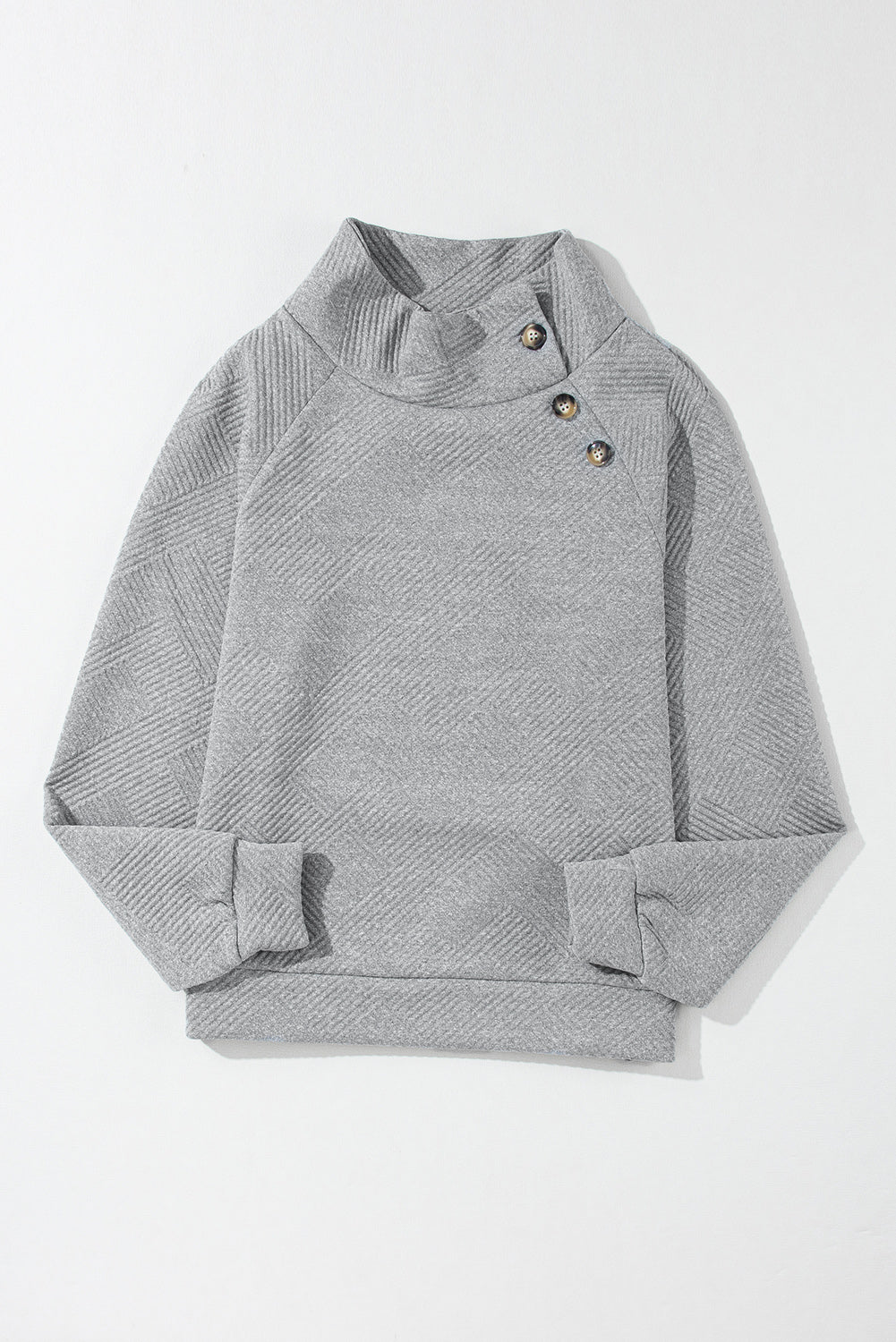 Asymmetric Buttons Detail High Neck Textured Sweatshirt eAura