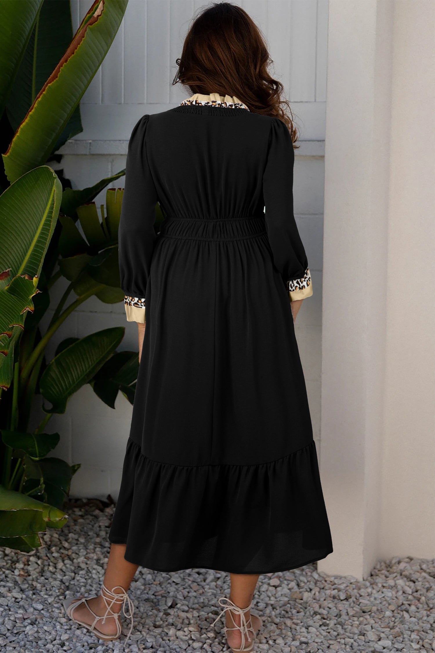 Contrast Leopard Frilled Trim V Neck Bracelet Sleeve Midi Dress - eAura