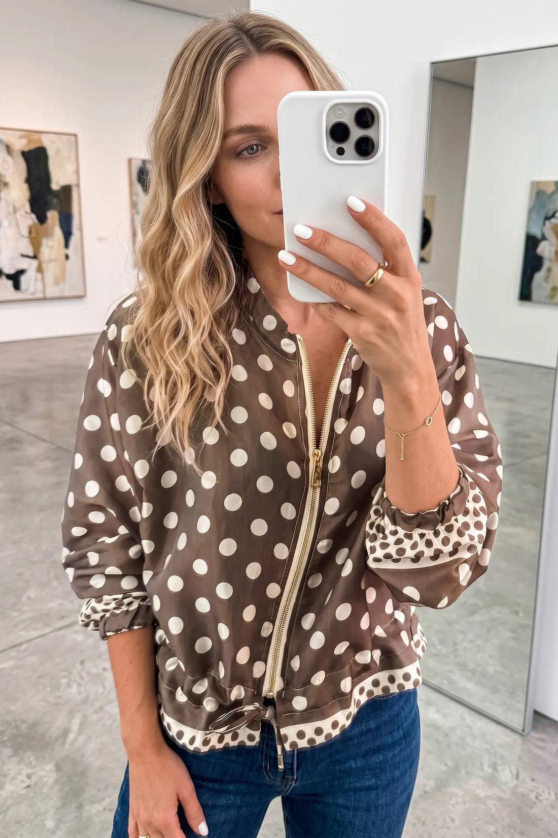 Polka Dot Contrast Detail Zip-Up Long Sleeve Shacket