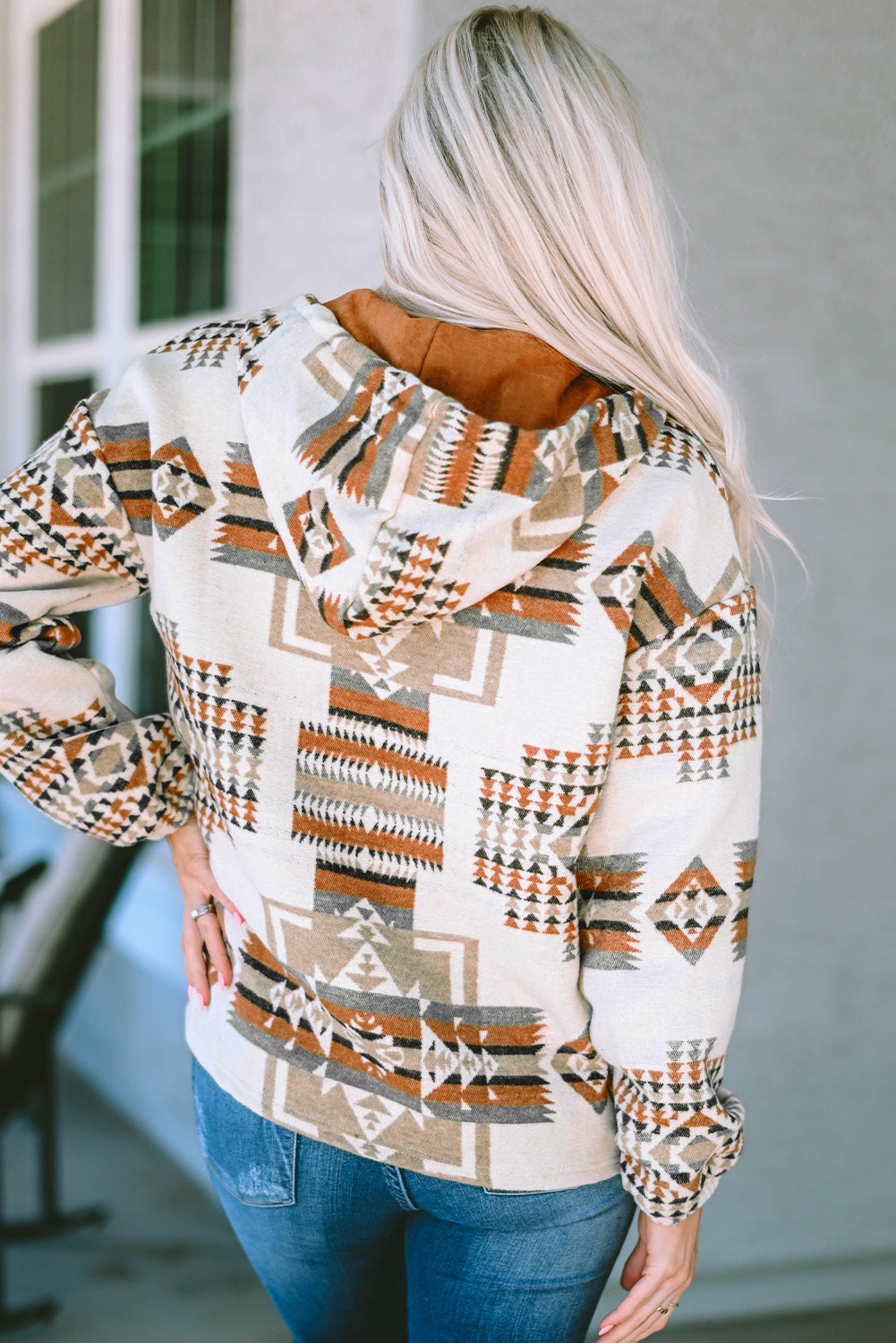 Beige Aztec Print Kangaroo Pocket Half-Zip Hoodie eAura